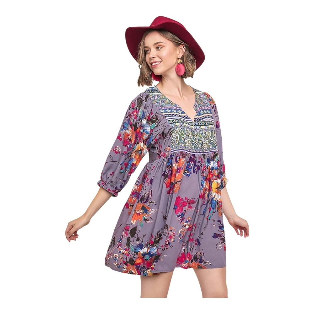 Umgee Women's S Gray Floral Boho Balloon Sleeves Cotton Blend Tunic Mini Dress